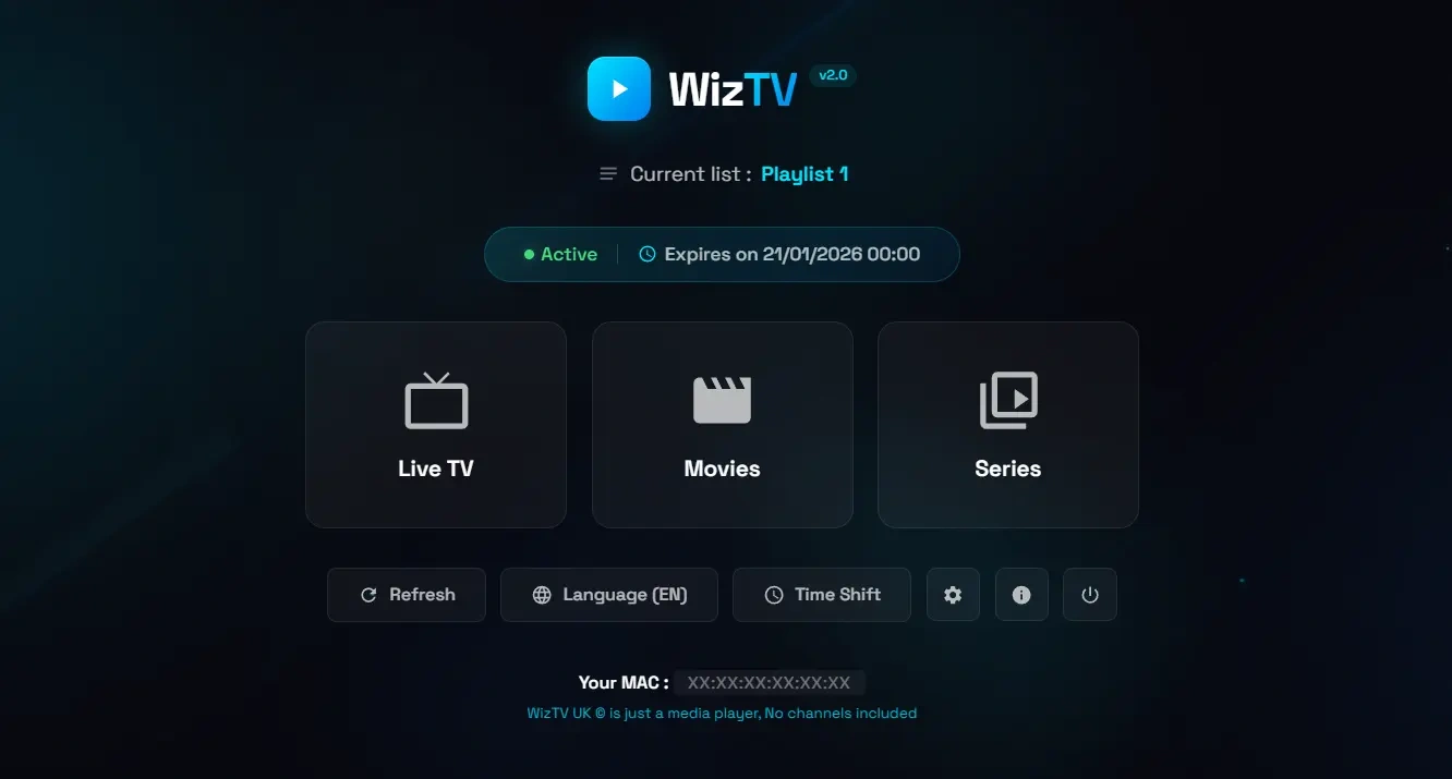 The WizTV player home screen: Live TV, Movies and Series, with an active playlist and expiry date