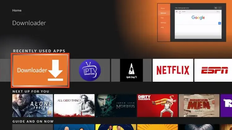 The Downloader app highlighted on the Amazon Fire TV home screen