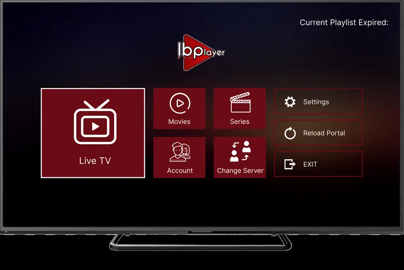 IBO Player Pro home screen on a TV with live TV, films, series and account