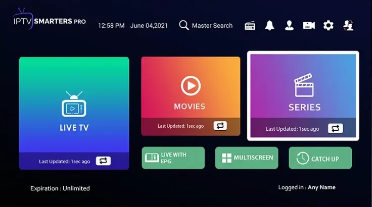 IPTV Smarters Pro home screen with live TV, films, series and catch-up