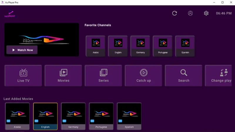 Vu Player Pro on Windows with favourite channels and buttons for live TV, films, series and catch-up